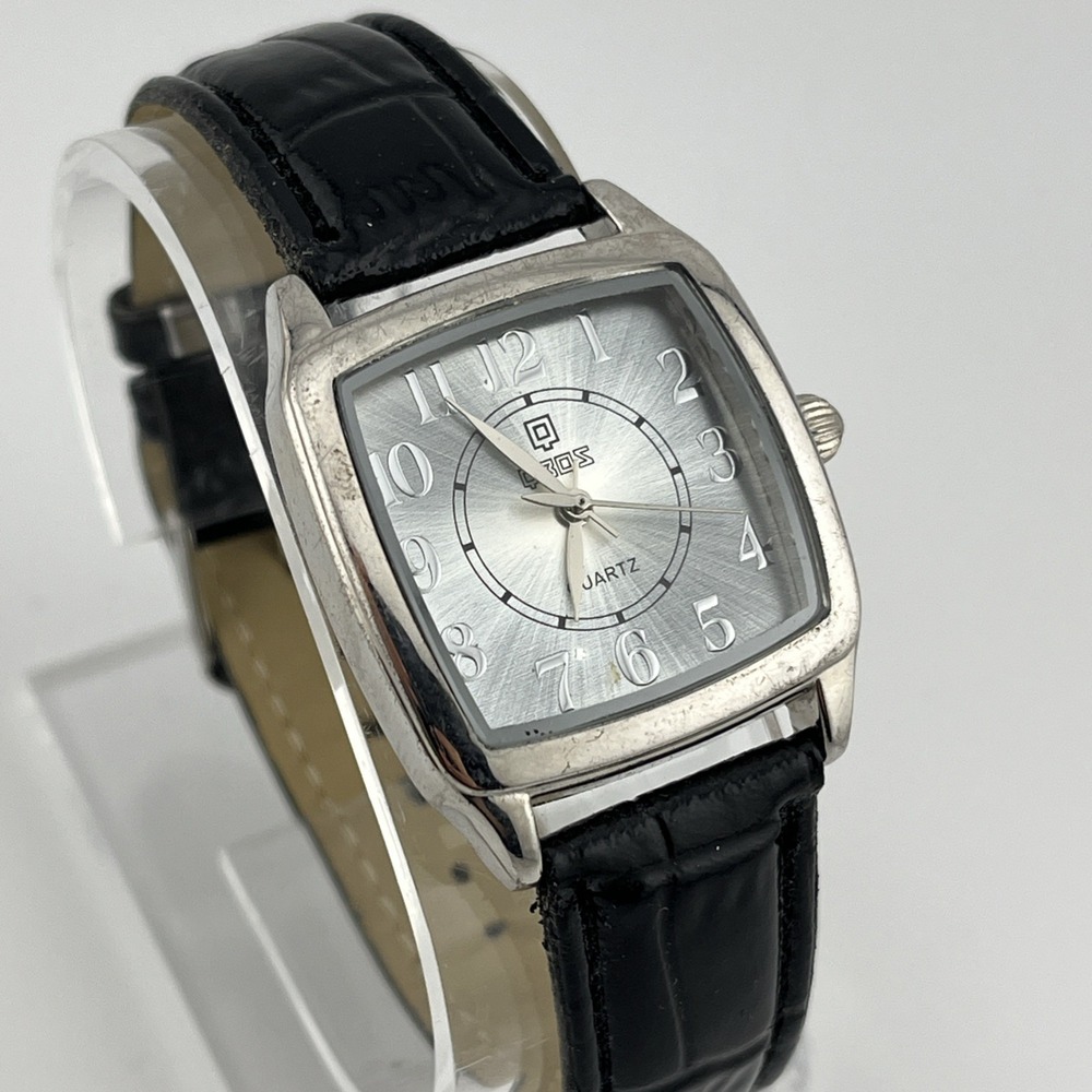 QBOS Watch‎ Women 30mm Silver Case Black Faux Leather Band- New Battery